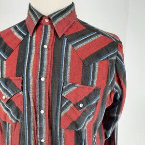 ELY CATTLEMAN Western Flannel Striped Pearl Snap Shirt Men’s Size Large Rodeo
